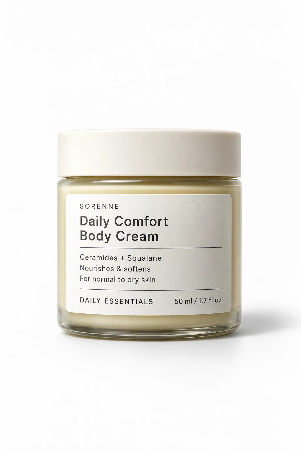 SORENNE Daily Comfort Body Cream jar on white, the lid, label and glass base in sharp detail, AI concept work