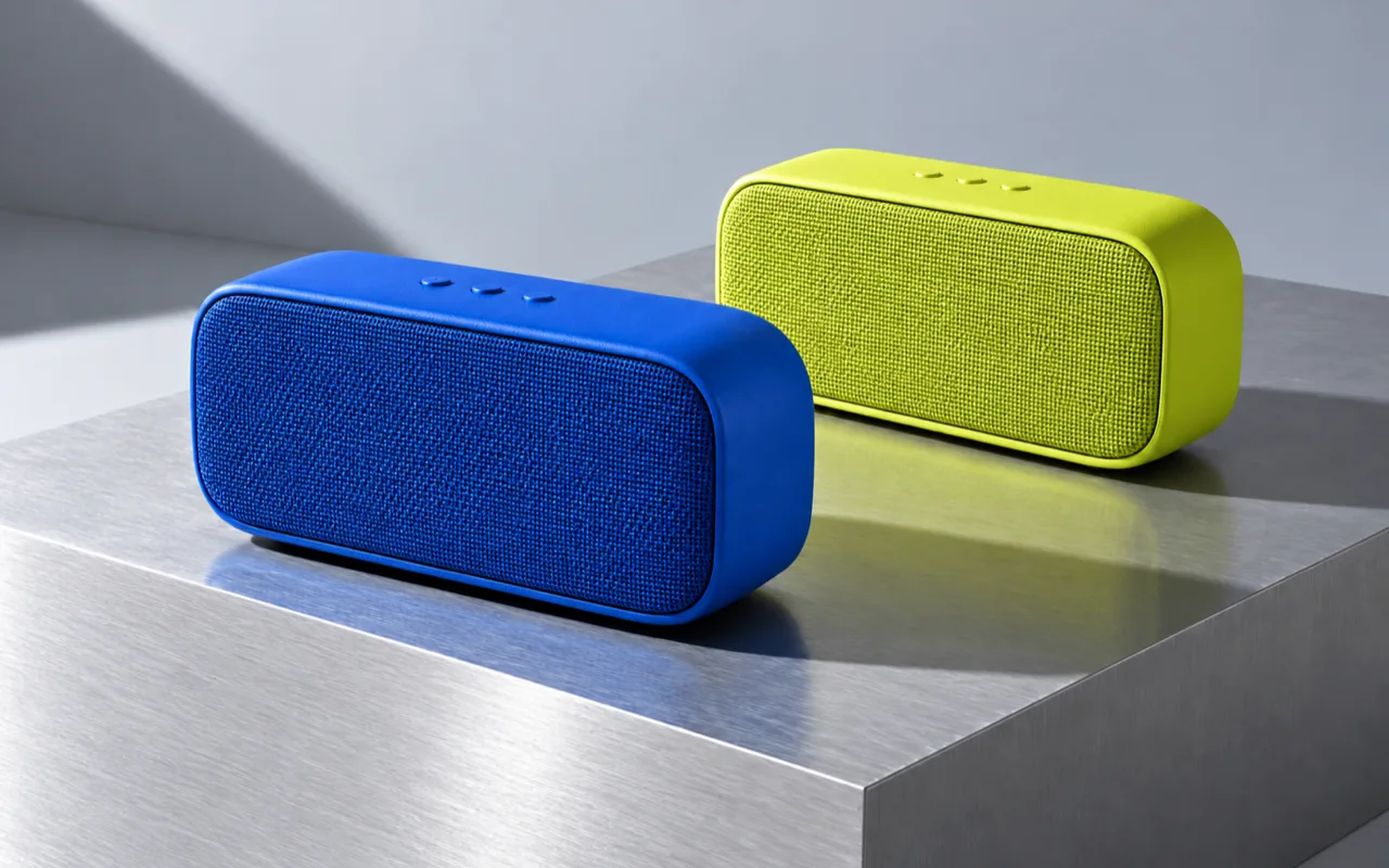 Blue and yellow-green AI concept speakers with fabric fronts on a brushed aluminium platform