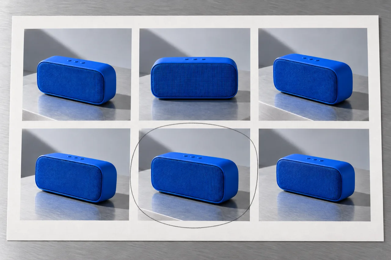 AI concept illustration of a contact sheet with six blue speaker compositions and one circled frame