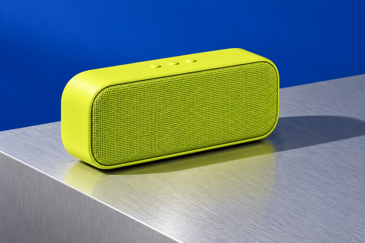 Yellow-green AI concept speaker on brushed aluminium against a blue background