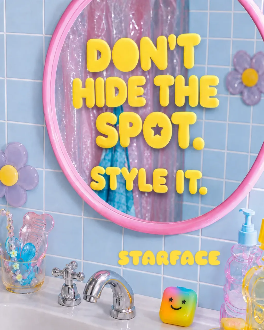Starface key visual: Don't hide the spot, style it, on a pink bathroom mirror, with the Starface wordmark, AI concept work