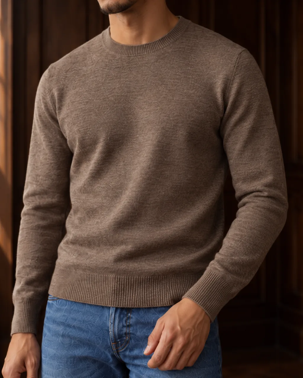 Sunderly lookbook, look 1, taupe knit and indigo jeans: close crop on the fabric, AI concept work