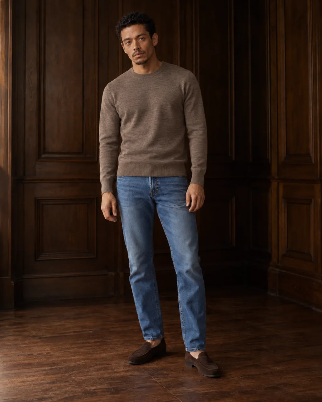 Sunderly lookbook, look 1, taupe knit and indigo jeans: full length from the front in a wood-panelled room, AI concept work