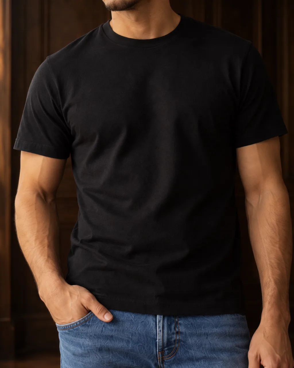 Sunderly lookbook, look 2, black T-shirt and indigo jeans: close crop on the fabric, AI concept work