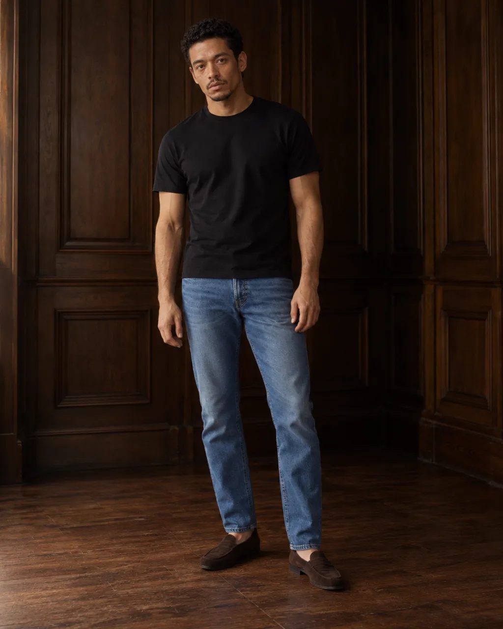 Sunderly look 2, black T-shirt and indigo jeans: full length from the front in a wood-panelled room, AI concept work