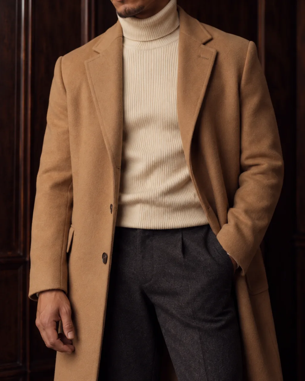 Sunderly lookbook, look 3, camel coat over a cream roll-neck: close crop on the fabric, AI concept work