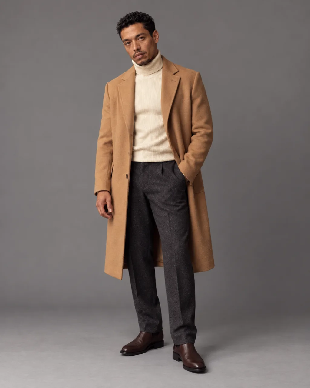 Sunderly lookbook, look 3, camel coat over a cream roll-neck: full length on a plain grey ground, AI concept work