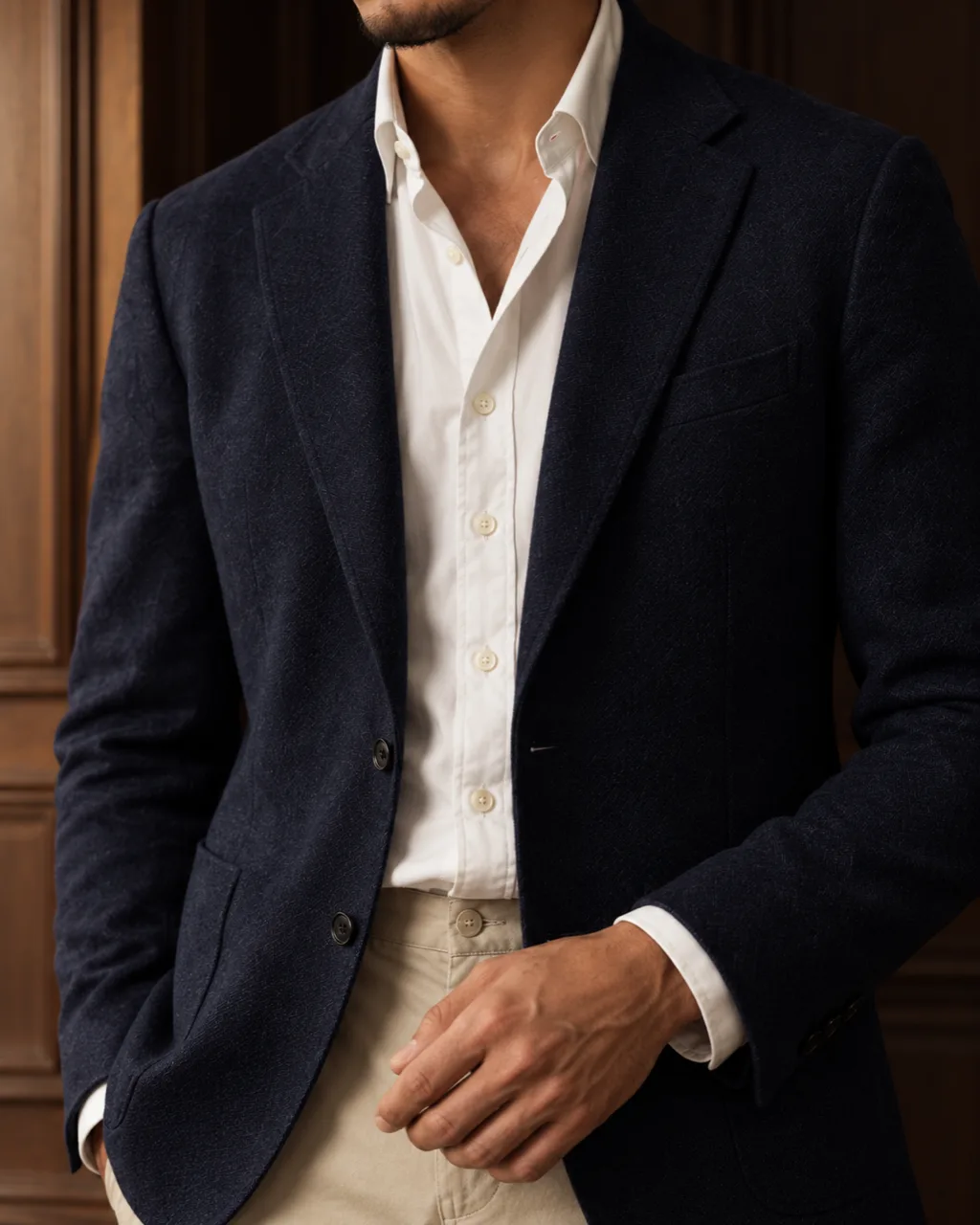 Sunderly lookbook, look 4, navy blazer, white shirt and stone chinos: close crop on the fabric, AI concept work
