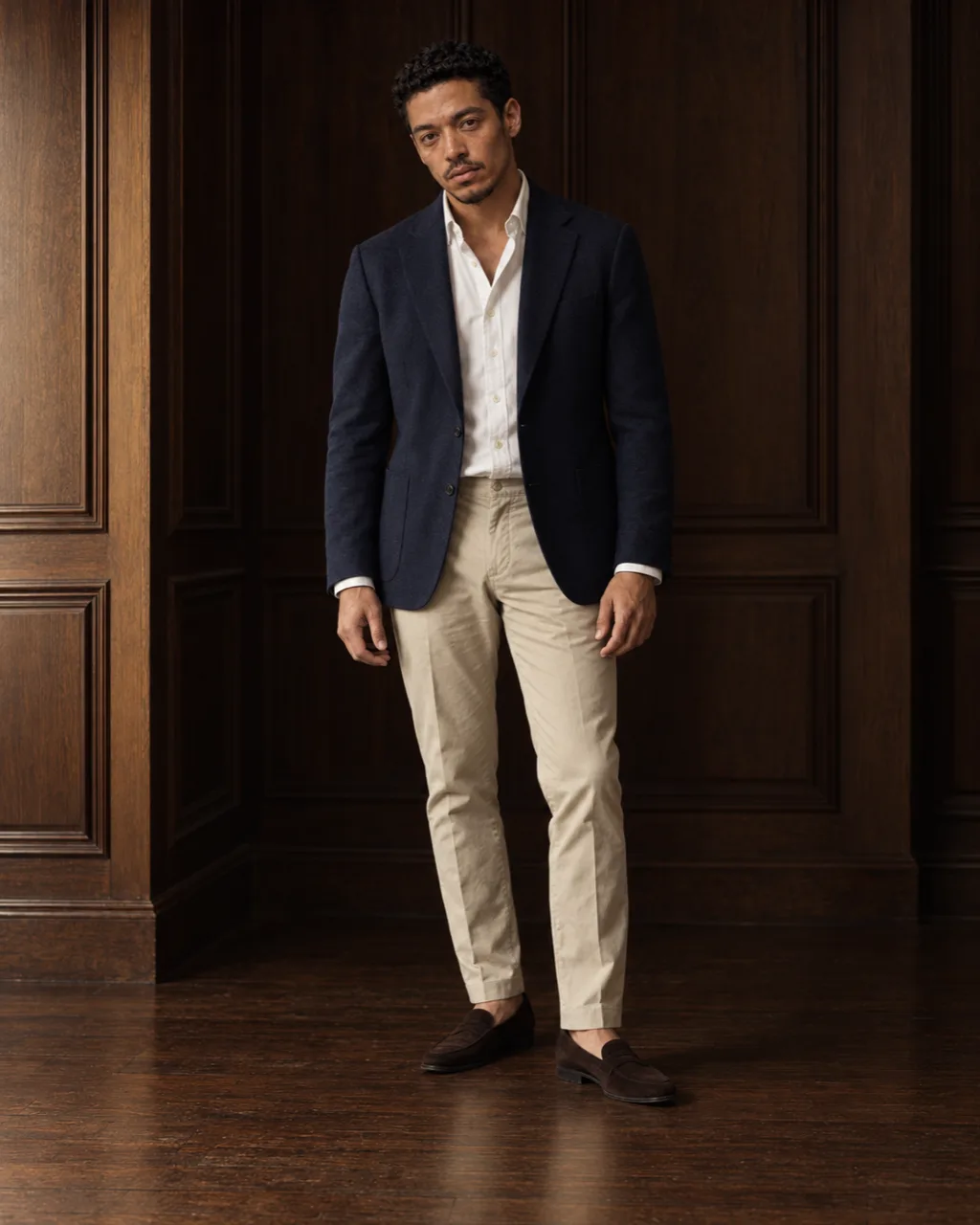 Sunderly look 4, navy blazer, white shirt and stone chinos: full length from the front, AI concept work