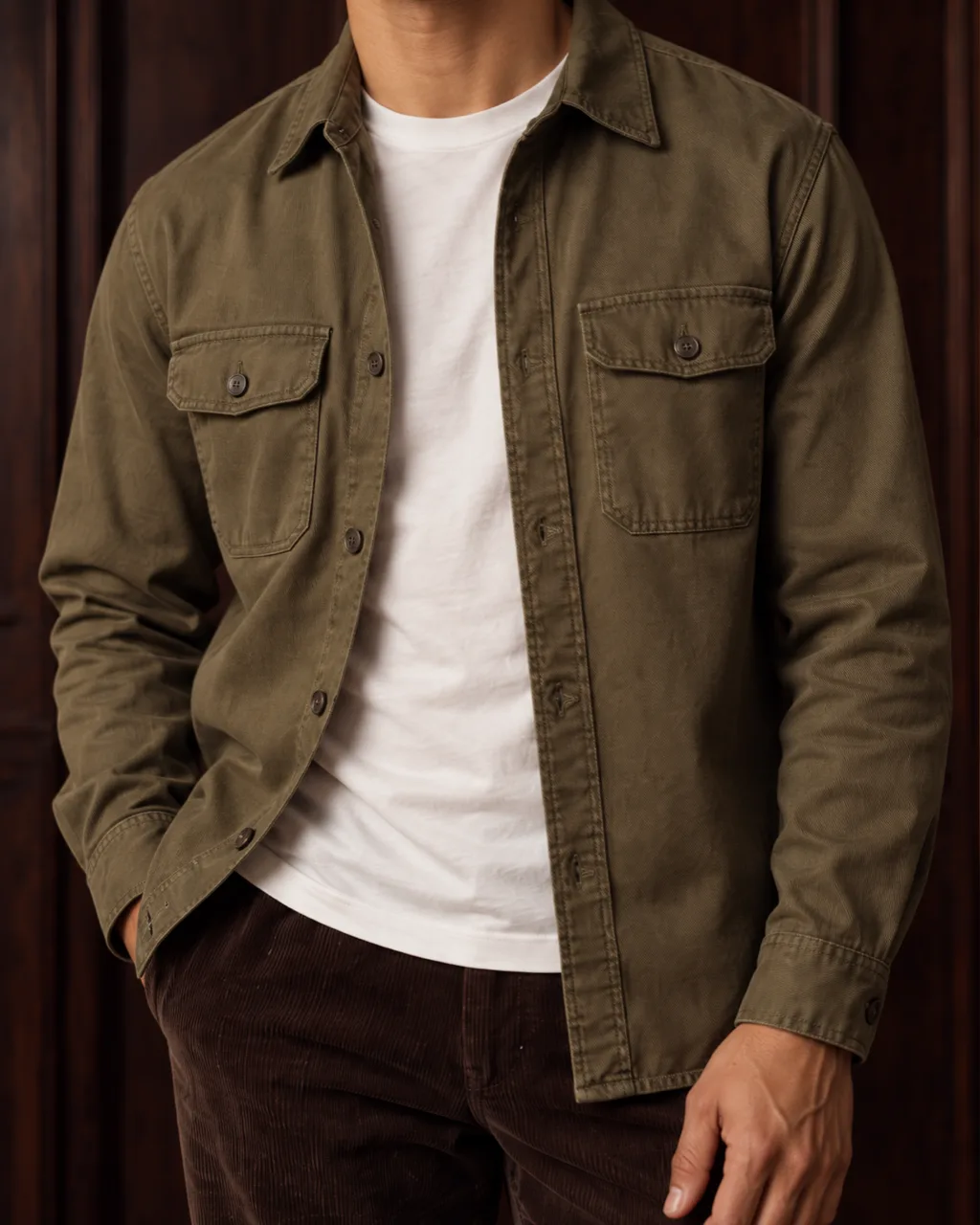 Sunderly lookbook, look 5, olive overshirt and brown cords: close crop on the fabric, AI concept work