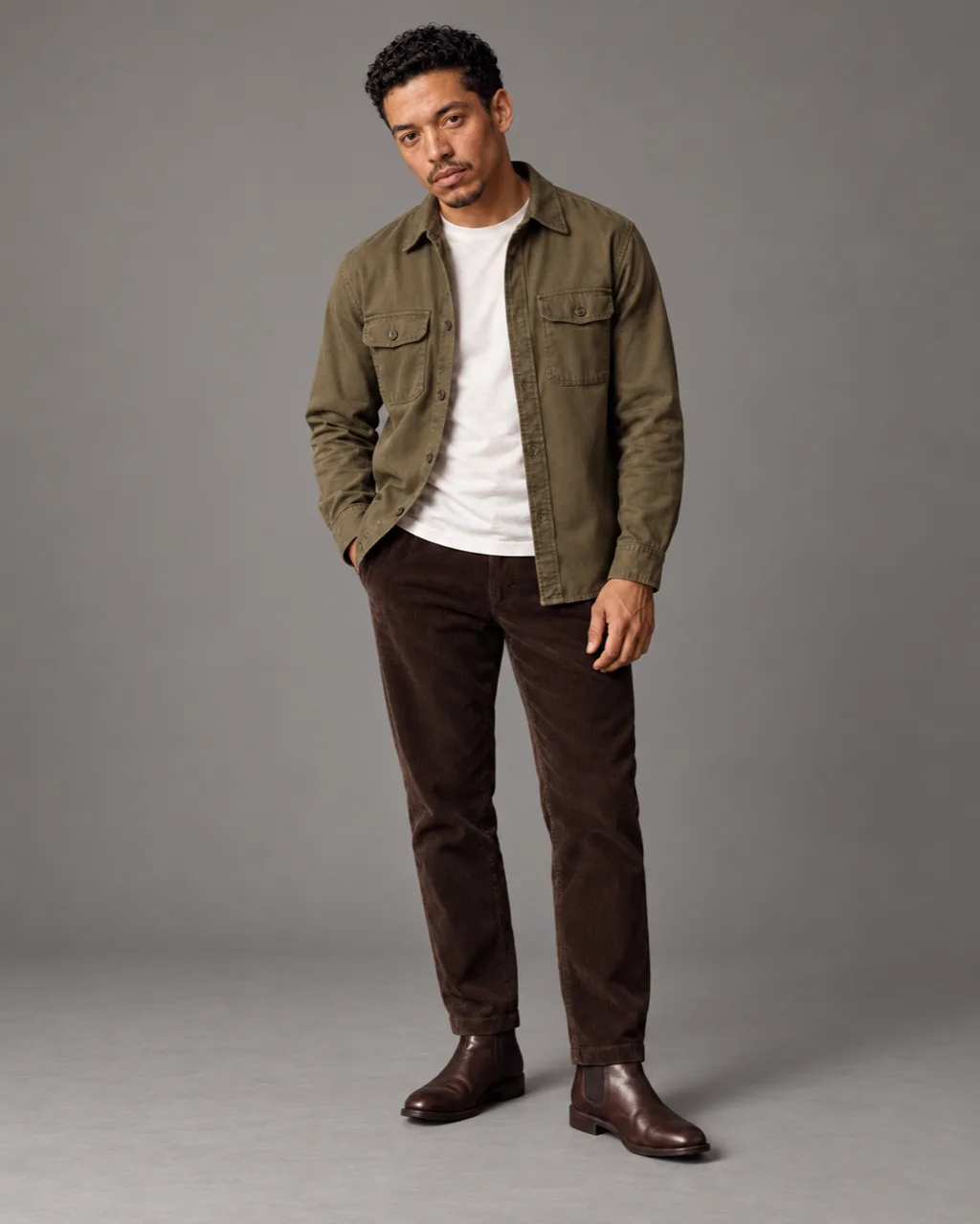 Sunderly lookbook, look 5, olive overshirt and brown cords: full length on a plain grey ground, AI concept work