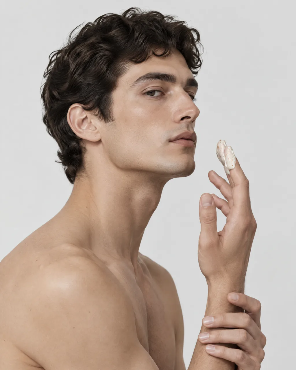 A shirtless model with dark curly hair holds a dab of Typology body scrub on his fingertip by his chin, AI concept work